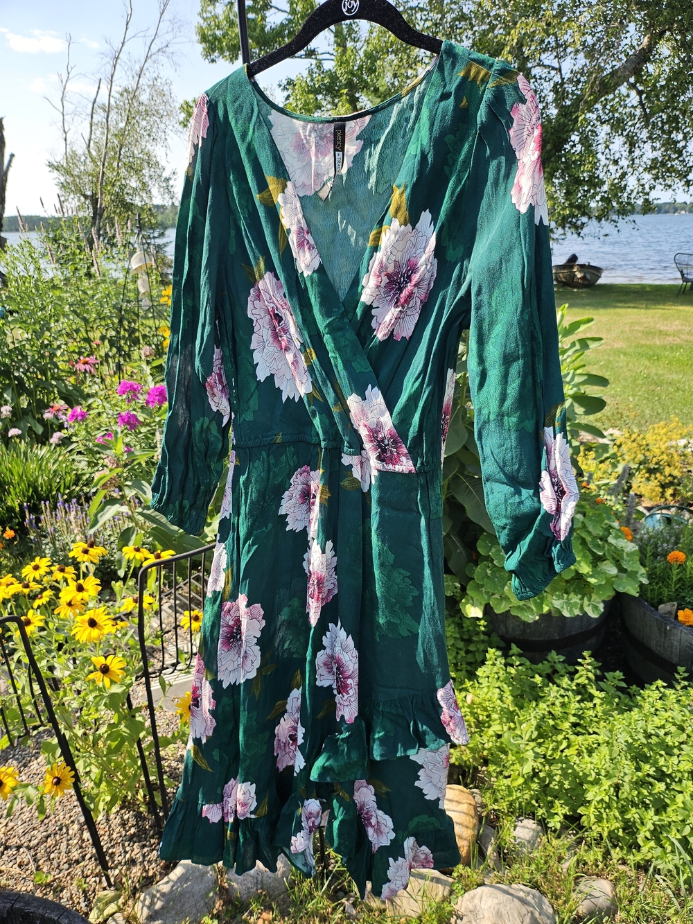 Tracy Reese Teal Green Midi Dress with Pink Floral Print
